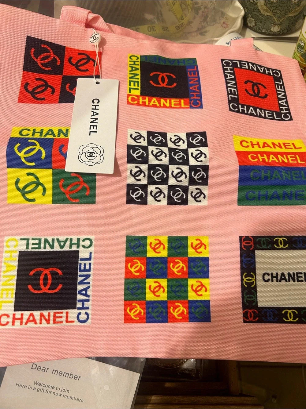 CHANEL Pink Logo Pattern Scarf with Multicolor Block Prints